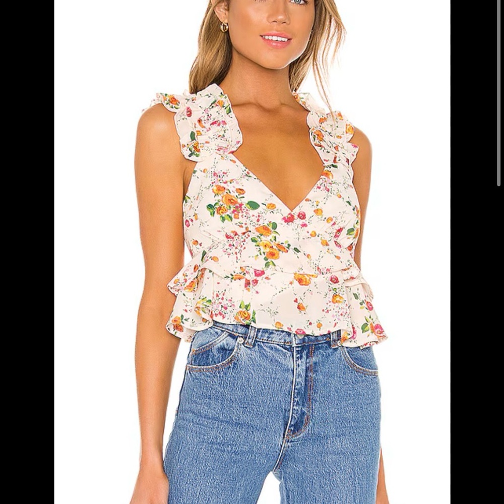House of Harlow 1960 Cream Floral Ruffle V-Neck Tank